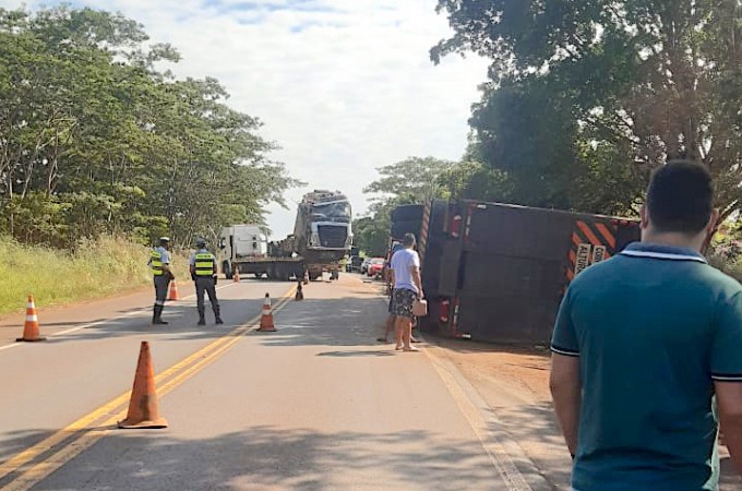 SP-304: Caminho carregado com gado tomba na rodovia