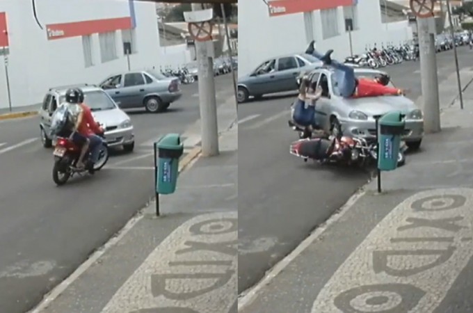 Motociclista e garupa s�o arremessados em colis�o com carro
